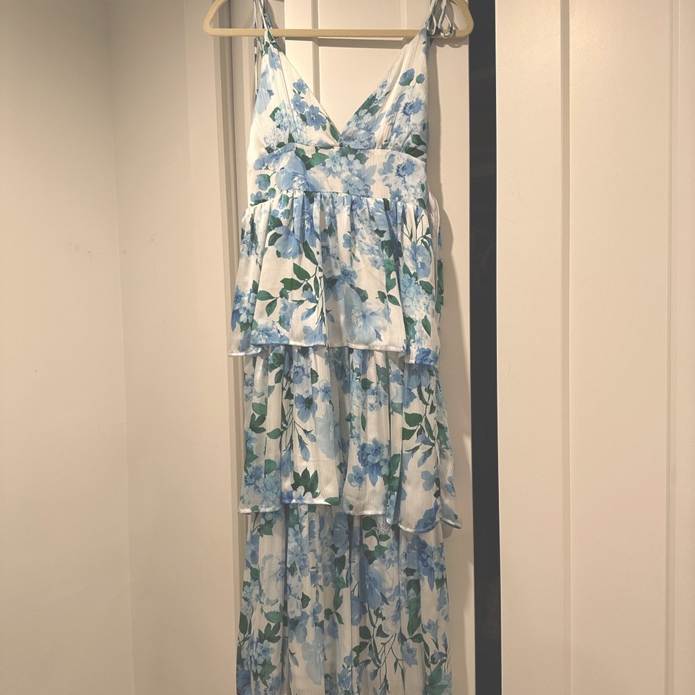 Blue and green floral midi dress.